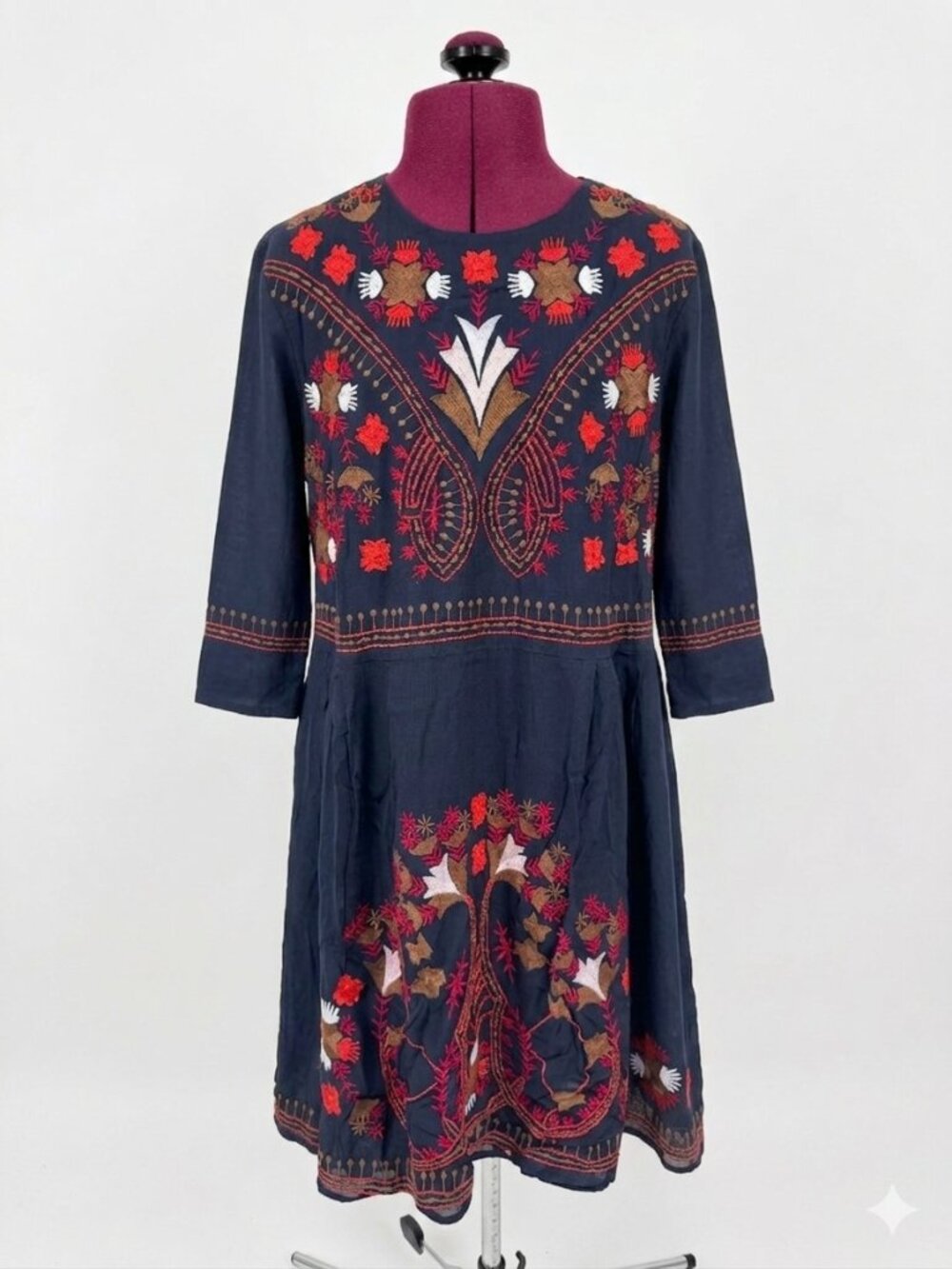 French Connection Mini Dress in Navy Blue with Colorful Embroidery - Size 8